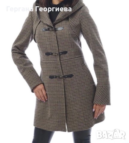 Дамско вълнено палто AVANEW с кожени закопчалки и качулка Radeks, снимка 1 - Палта, манта - 43806158