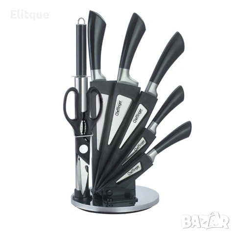 Комплект ножове 8 части със стойка Cheffinger – неръждаема стомана, въртяща се акрилна поставка 360°, снимка 13 - Други - 53427384