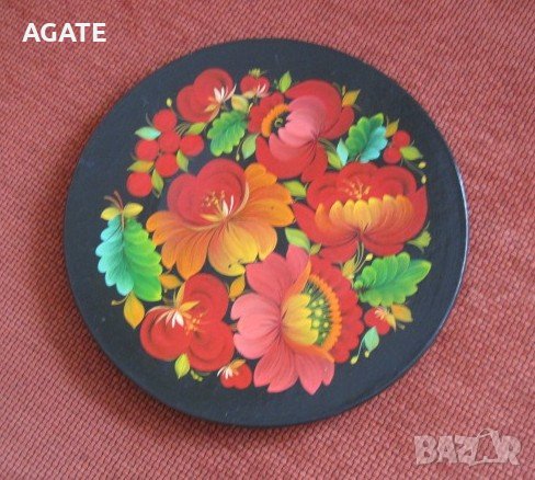 Декоративна дървена чиния, цветен мотив на черен фон, снимка 2 - Пана - 27402409