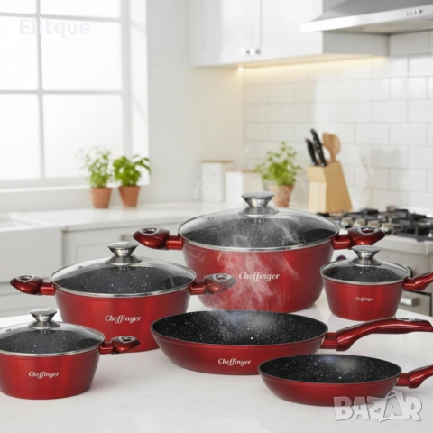 Комплект съдове за готвене Cheffinger от лят алуминий с мраморно покритие – 10 части, снимка 3 - Други - 53165297