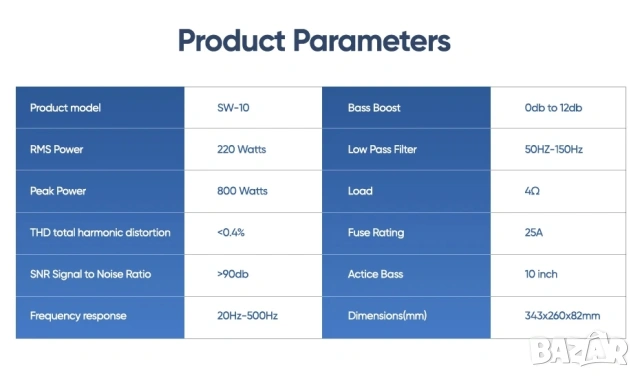 Компактен 10” автомобилен 800W(peak) активен субуфер, снимка 13 - Аксесоари и консумативи - 53449047
