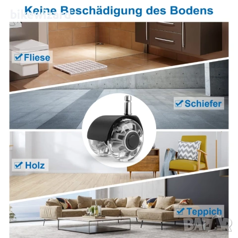 Комплект от 5 колелца за офис столове, гладко търкалящи се, твърд под – 11x22 мм НОВИ, снимка 2 - Столове - 53458847