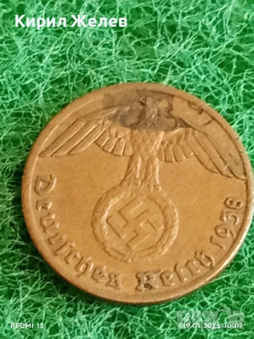 Две монети 1 райхсфенинг 1938г. Трети Райх Германия с свастика 53332, снимка 3 - Нумизматика и бонистика - 53147587