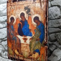 реплика на икона на Троица(три ангела) на Рубльов, 14 век, 30/20 см, снимка 5 - Икони - 43623069