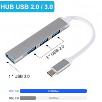 USB 3.0  USB Type-C HUB   4 портов хъб, снимка 3 - Кабели и адаптери - 38942237