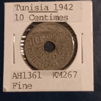 Тунис 10 сантима 1942 Цинк Втората световна война , снимка 1 - Нумизматика и бонистика - 43303838