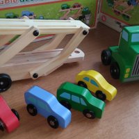 Подвижен Дървен Автовоз камион с 4 колички и голяма дървена платформа , снимка 12 - Образователни игри - 36583993