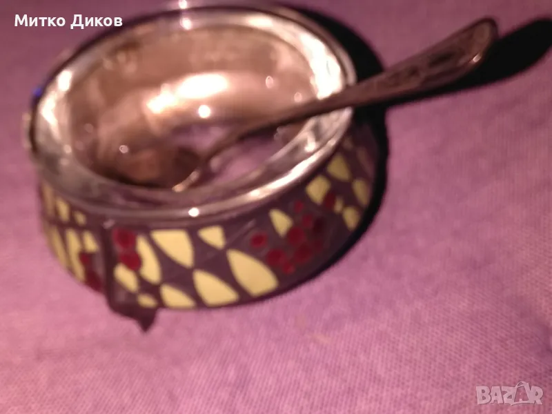 РЯДКА РУСКА СОЛНИЦА съдче за хайвер Н-36мм и фи 65 и56мм Емайл Мелхиор СССР с лъжичка 75мм, снимка 1