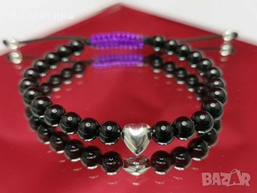 Дамска гривна със оникси и сребърно сърце, снимка 1