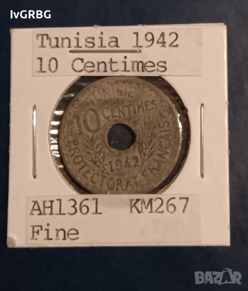 Тунис 10 сантима 1942 Цинк Втората световна война , снимка 1