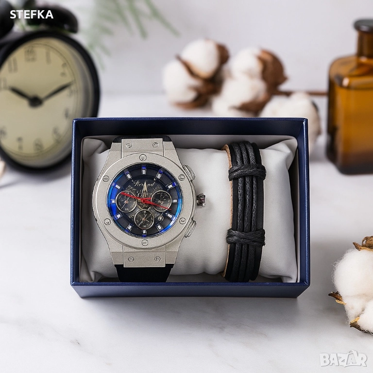 Стилен мъжки подарък – часовник и гривна в комплект, снимка 1