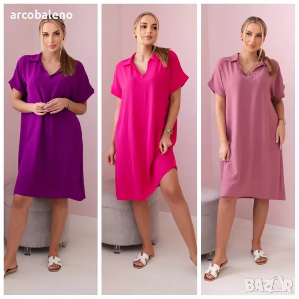 Дамска рокля с V-образно деколте и яка, 3цвята , снимка 1