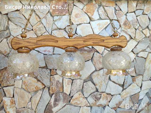 Уникален масивен дървен полилей с красиви стъкленици, синджири и розетка , снимка 5 - Лампи за таван - 44928643