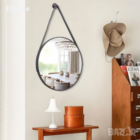 Елегантно кръгло огледало с черна рамка и кожена каишка, снимка 8 - Други стоки за дома - 52743884