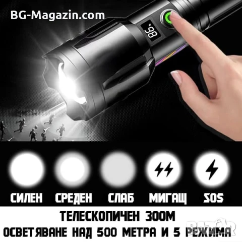 Мощен акумулаторен далекобоен лазерен прожектор LED фенер USB тактически водоустойчив лов риболов, снимка 5 - Къмпинг осветление - 51017230