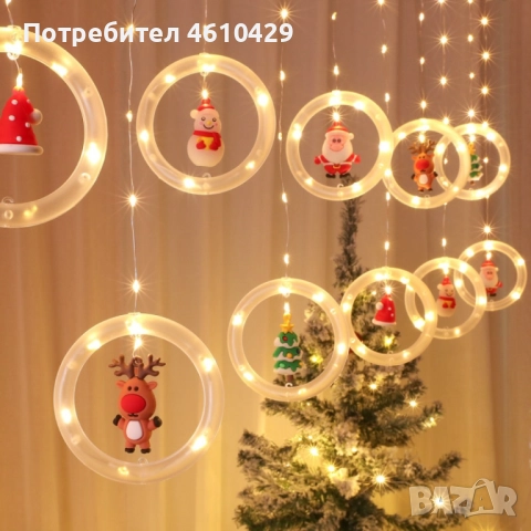 Светещи LED рингове с коледни фигурки, тип завеса 3м, 10 ринга на батерии, снимка 4 - Декорация за дома - 52121811