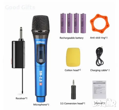 2бр. Безжични микрофони с приемник, UHF система за караоке с микрофони SM-2.0, снимка 2 - Микрофони - 50209837