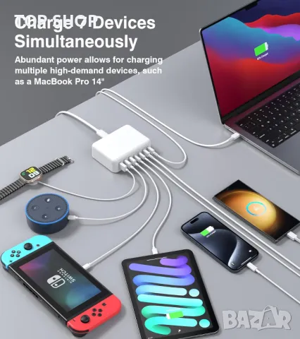 USB C 7-портов адаптер, бързо зарядно, 180 W за MacBook Pro/Air iPad Pro iPhone Galaxy S23 Note 20, снимка 7 - Оригинални зарядни - 49500133