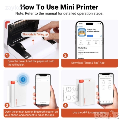 ORGBRO Принтер за стикери, X3 Print Pods мини термопринтер Bluetooth, снимка 4 - Принтери, копири, скенери - 52539857