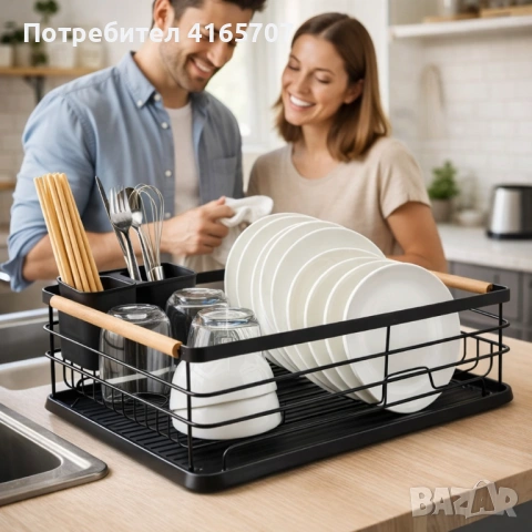 Компактен сушилник за съдове с отцеждаща табла Cheffinger – метален, 43 x 32 x 14 см, модерен дизайн, снимка 2 - Аксесоари за кухня - 53231814