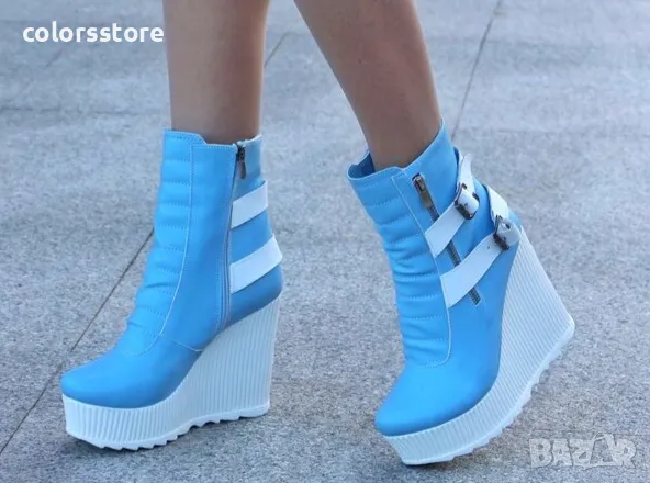 Боти на платформа - синя кожа с бяло ходило - B2001