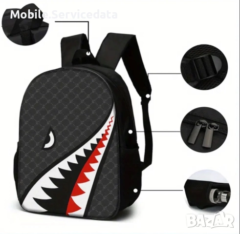 Ученически комплект 3в1 – раница, чантичка и несесер с акулски дизайн, снимка 3 - Раници - 52380014