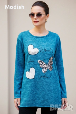 Макси дамска блуза с щампи на пеперуда и сърца 9648, снимка 2 - Блузи с дълъг ръкав и пуловери - 47701159