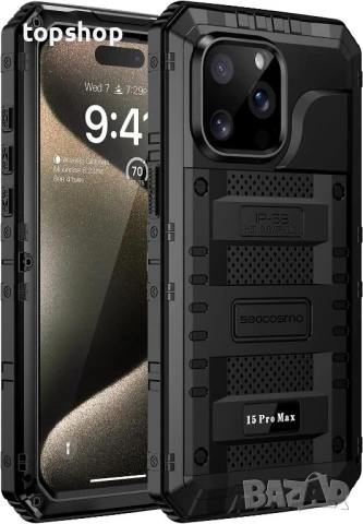 Seacosmo Калъф за iPhone 15 Pro Max водоустойчив удароустойчив  с вграден протектор на екрана, черен