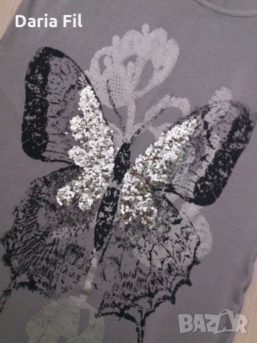 Асиметрична сива рокля/туника с пеперуда със сребристи пайети, снимка 2 - Рокли - 28506092