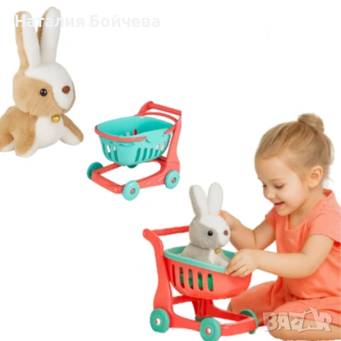 Сладурско плюшено зайче с пазарска количка, снимка 9 - Плюшени играчки - 53382737