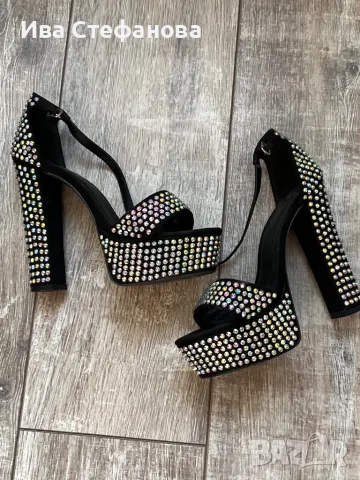 Елегантни официални парти  сандали висок дебел ток на платформа блестящи  камъни диаманти цирконий 