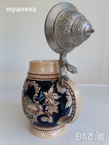 Халба за бира, немска с богата орнаментика и метален капак . , снимка 5 - Чаши - 50819969