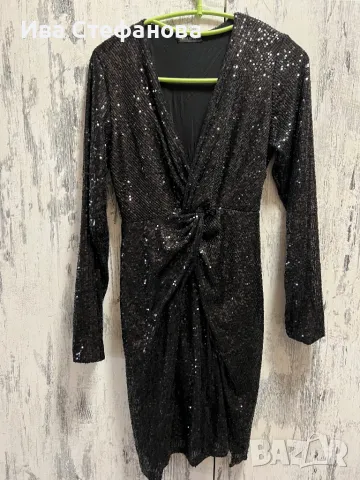  Italy блестяща къса V образно деколте парти коктейлна официална черна еластична  рокля пайети, снимка 2 - Рокли - 47645537