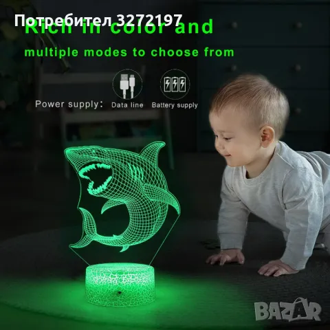 Холограмна 3D LED лампа Гладна Акула - дистанционно управление 16 цвята+други режими на управление, снимка 3 - Настолни лампи - 49587563