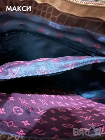 Дамска кожена стилна чанта в екрю и кафяви части имитация крокодилска кожа с къси и дълга дръжки/а, снимка 3 - Чанти - 47820913