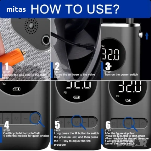 Преносим компресор за помпане на гуми - Type-C, 150PSI, 4000mAh, LED, снимка 7 - Аксесоари за велосипеди - 44894393