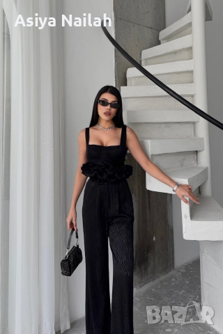 Дамски черен костюм от 3 части – сако, топ и широк панталон, снимка 3 - Костюми - 52792791