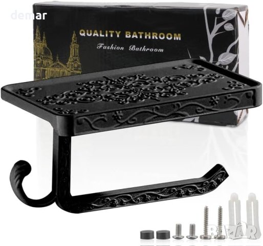  Държач за тоалетна хартия с рафт за телефон и кука, черен