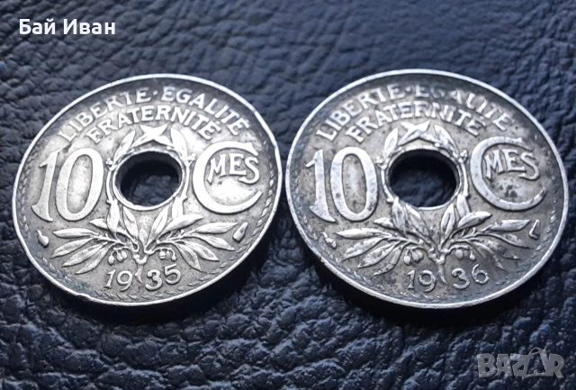 Стара монета 10 сантима 1935 г. и 1936 г.Франция - красиви !, снимка 3 - Нумизматика и бонистика - 42211307