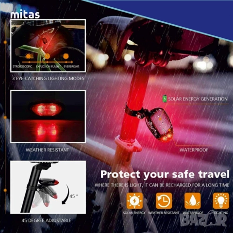 Задна LED стоп светлина за велосипед колело, Соларно захранване, снимка 9 - Аксесоари за велосипеди - 52040073