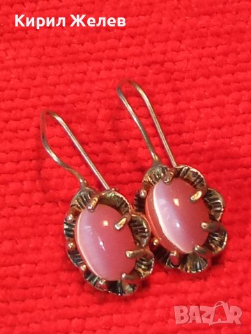 ПРЕКРАСНИ РЕТРО АРТ НУВО СТИЛ СРЕБЪРНИ ОБЕЦИ СРЕБРО 925 с РОЗОВО КОТЕШКО ОКО РЪЧНА ИЗРАБОТКА 27701, снимка 2 - Обеци - 42845707