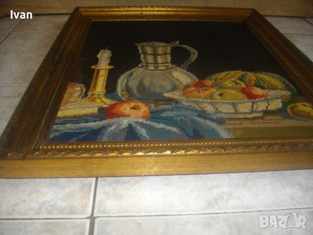 Голям Немски Гоблен-615х525мм-Натюрморт-Плодове-DMC Конци-Ръчно Нашиван-Рамкиран, снимка 7 - Гоблени - 37043153