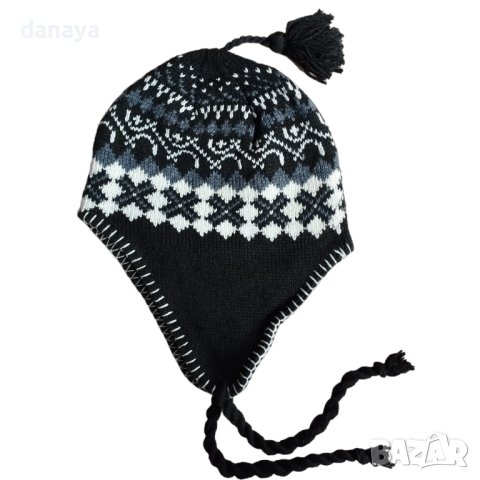 3277 Плетена шапка тип ушанка с бели зимни шарки, снимка 2 - Шапки, шалове и ръкавици - 42948085