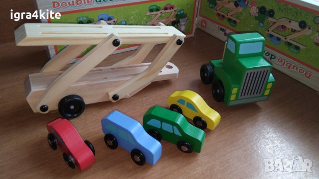Подвижен Дървен Автовоз камион с 4 колички и голяма дървена платформа , снимка 12 - Образователни игри - 36583993