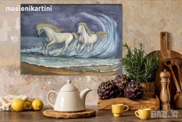Белите коне и морето маслена картина, снимка 3 - Картини - 37891579