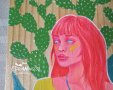 Мини-картина "Флора" / акрил върху дърво / момиче, кактус, цветно, снимка 4