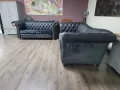 Два големи тъмно сиви дивани от плат и кожа тип Честърфийлд, снимка 7