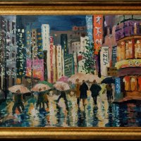 534 Авторска картина "Дъждовна вечер в Токио", масло на платно, снимка 1 - Картини - 42299708