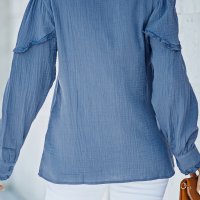 Дамска риза с дълъг ръкав и къдрички в син цвят, снимка 2 - Ризи - 40148800