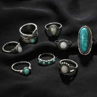 Комплект от 8 пръстена, тюркоаз и лунен камък, снимка 1 - Пръстени - 32502440